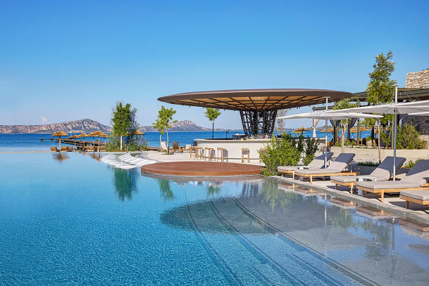 The pool at the W Costa Navarino makes the most of its stunning setting.  Costa Navarino